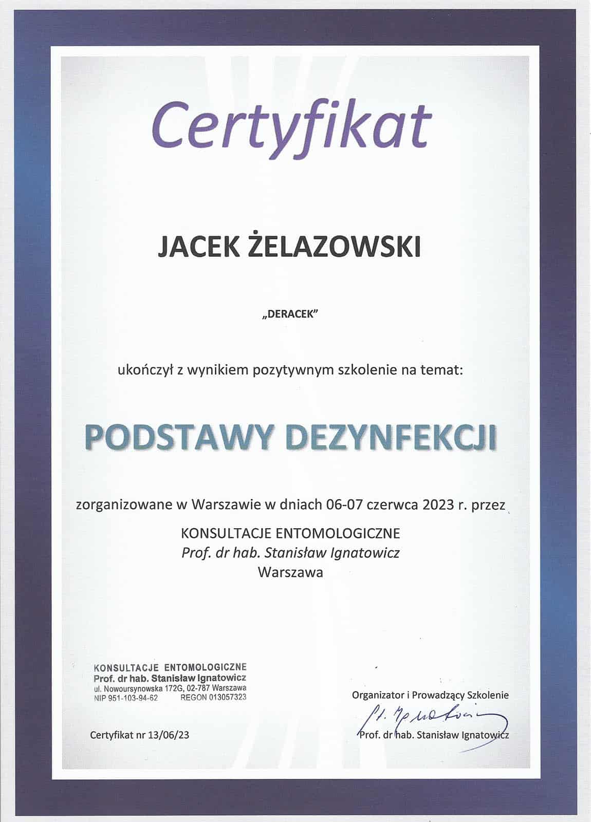 Certyfikat DEZYNFEKCJA - Deracek Tarczyn, Warszawa